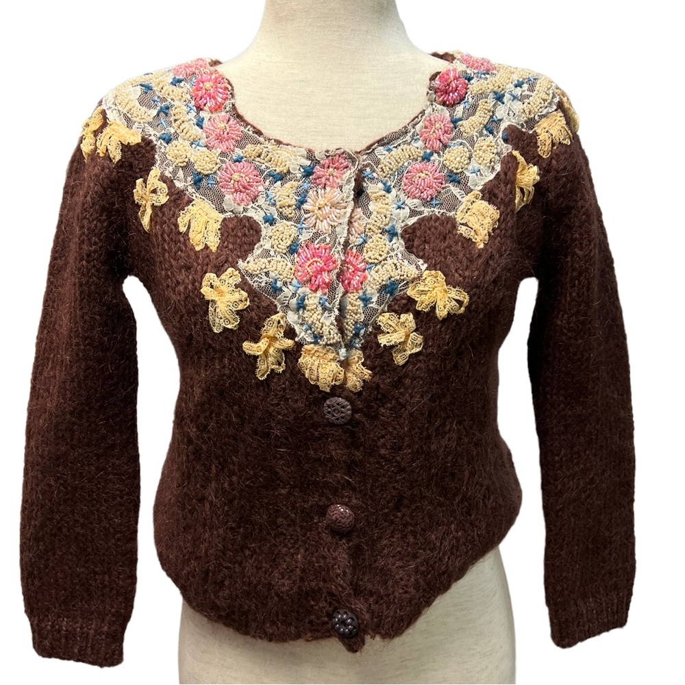 Vintage Free People Antique Lace Seed Pearl Beaded Brown Wool Cropped Cardigan - Picture 4 of 14